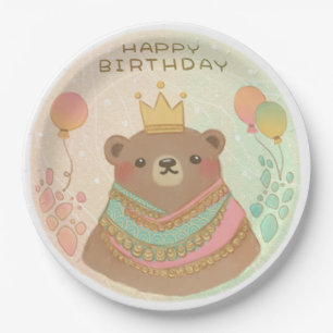 Happy Birthday Teddy Bear Illustration Paper Plate