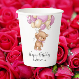 Happy Birthday Teddy Bear Pink Balloons Girl Paper Cups