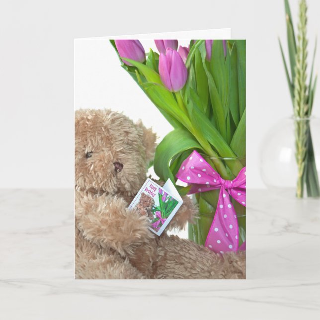 Happy Birthday Teddy Bear with tulips Card (Front)
