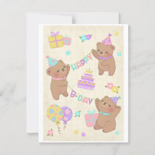 Happy Birthday Teddy Bears Illustration Postcard