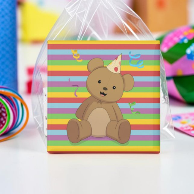 Happy Birthday Teddy Magnet (Teddy bear magnet square, with a rainbow background and birthday hat. Leaned up against a favor bag.)