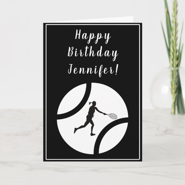 Happy Birthday Tennis Card Black White Girl Sports (Front)