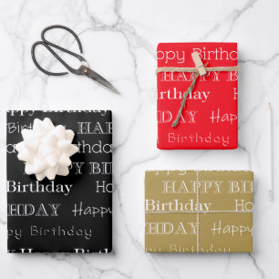 Happy Birthday Text Covered Black Red Gold Wrapping Paper Sheet