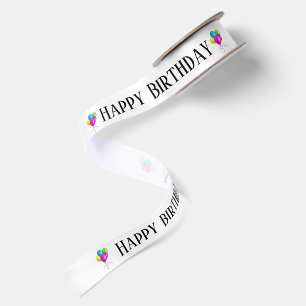 Happy Birthday Text with Party Balloons Satin Ribbon