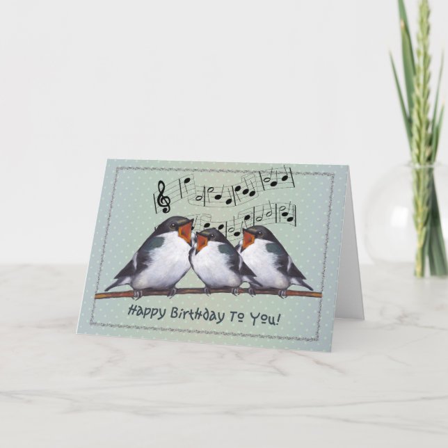 Happy Birthday: Three Birds Singing: Music Staff Card (Front)