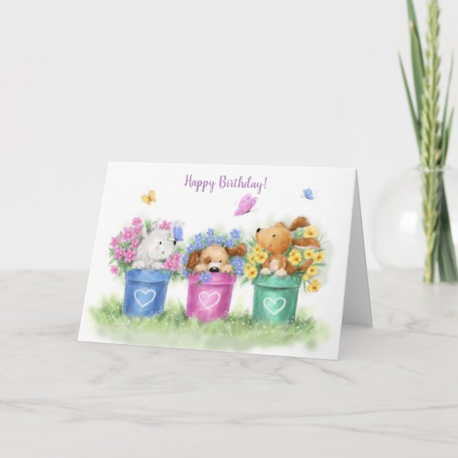 Happy Birthday, Three Dogs in Three Flower Pots Card (Front)