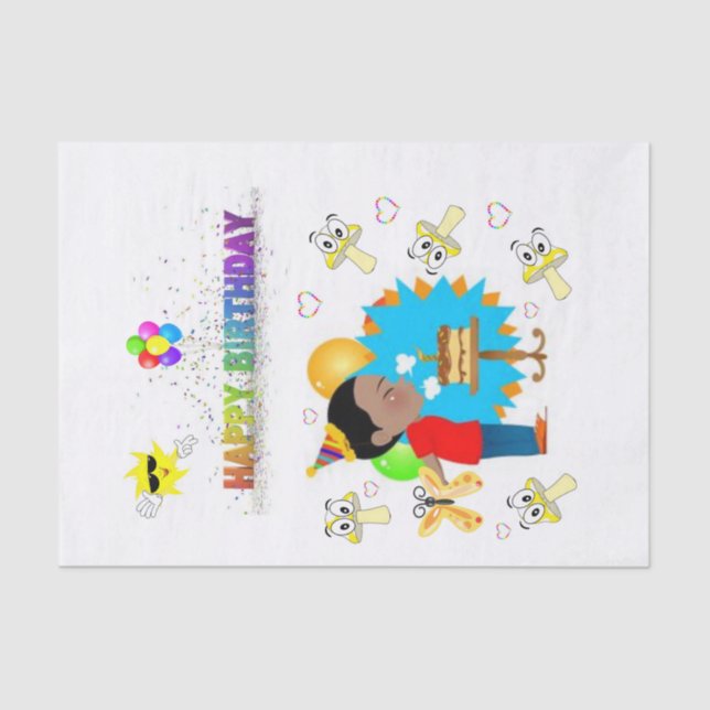 Happy Birthday Tissue Paper African Boy Mushrooms (Front)