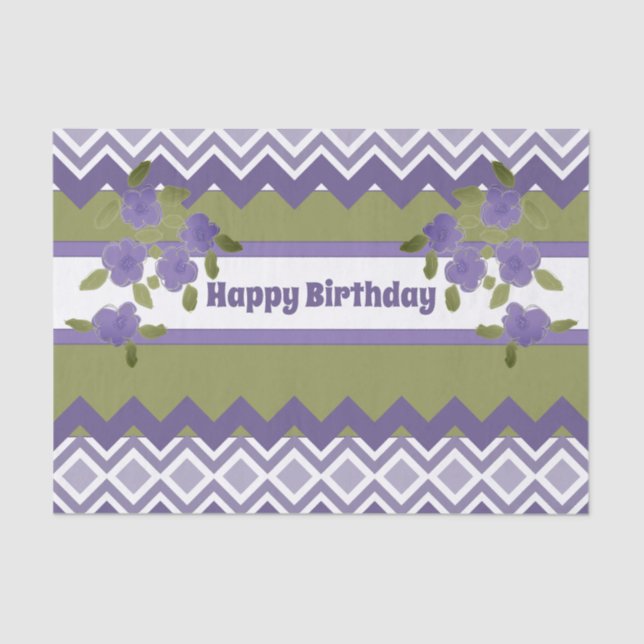 Happy Birthday Tissue Paper In Purple and Olive (Front)