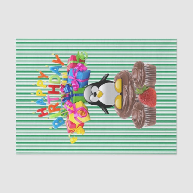Happy Birthday Tissue Paper Stripe Penguin (Front)