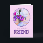 Happy birthday to a friend with a flower painting card<br><div class="desc">A simple but elegant birthday card for a friend with a flower painting. A painting of a vase of flowers is framed in daisies. The whole is on a delicate pink background. The inside message can be changed to your requirements.</div>