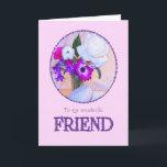 Happy birthday to a friend with a flower painting card<br><div class="desc">A simple but elegant birthday card for a friend with a flower painting. A painting of a vase of flowers is framed in daisies. The whole is on a delicate pink background. The inside message can be changed to your requirements.</div>