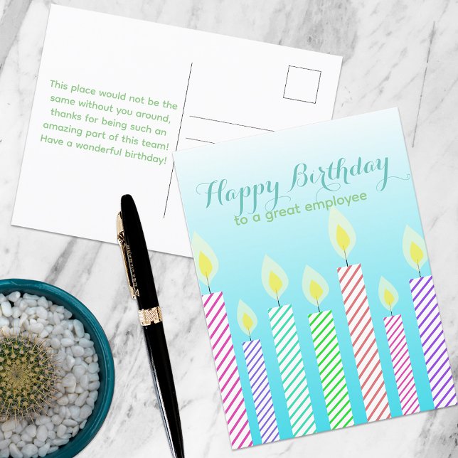 Happy Birthday To A Great Employee Striped Candles Postcard (Creator Uploaded)