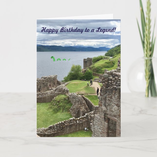 Happy Birthday to a Legend Cartoon Nessie in Loch Card (Front)