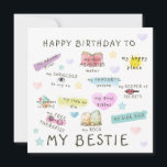 Happy Birthday To My Bestie Holiday Card<br><div class="desc">Celebrate your bestie’s special day with this heartwarming and playful birthday card! Featuring adorable illustrations and heartfelt messages, this card beautifully highlights all the roles your bestie plays in your life—your rock, your favorite person, your partner in crime, and more. With cute doodles, vibrant pastel colors, and a charming sun,...</div>