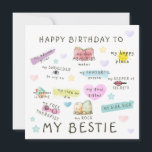 Happy Birthday To My Bestie Holiday Card<br><div class="desc">Celebrate your bestie’s special day with this heartwarming and playful birthday card! Featuring adorable illustrations and heartfelt messages, this card beautifully highlights all the roles your bestie plays in your life—your rock, your favorite person, your partner in crime, and more. With cute doodles, vibrant pastel colors, and a charming sun,...</div>