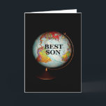 Happy Birthday To The Best Son On Earth! Card<br><div class="desc">A brightly-coloured globe,  photographed against a black background,  is the subject of my "Happy Birthday To The Best Son On Earth!" birthday card. "Best Son",  in black text on the face of the globe,  completes the front image of the card.</div>