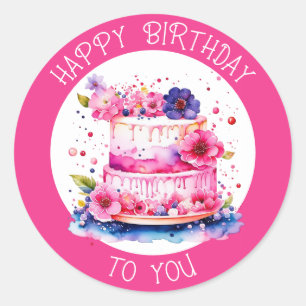 Happy Birthday To You   Pretty Whimsical Cake Classic Round Sticker