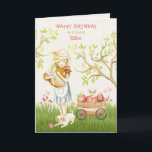 Happy Birthday to Young Sister, Girl with Rooster Card<br><div class="desc">Cute watercolor happy birthday for young sister featuring a country girl hugging a rooster while a kitten looks over a wagon full of strawberries and watches a puppy playing with a ball of string in the green grass.</div>