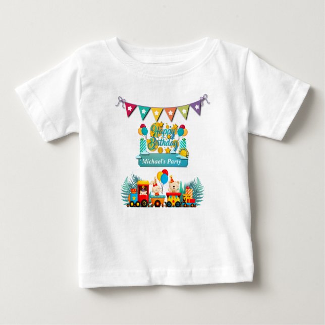 Happy Birthday Train With Cute Animals Wishes Baby T-Shirt (Front)