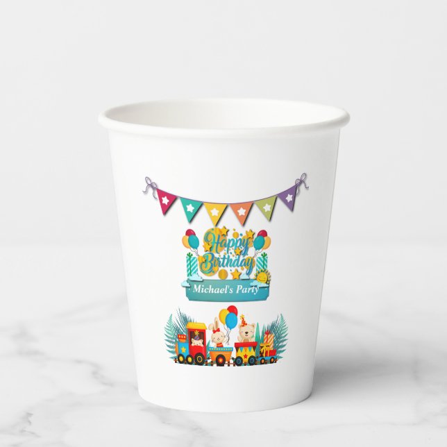 Happy Birthday Train With Cute Animals Wishes Paper Cups (Back)