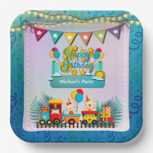 Happy Birthday Train With Cute Animals Wishes Paper Plate