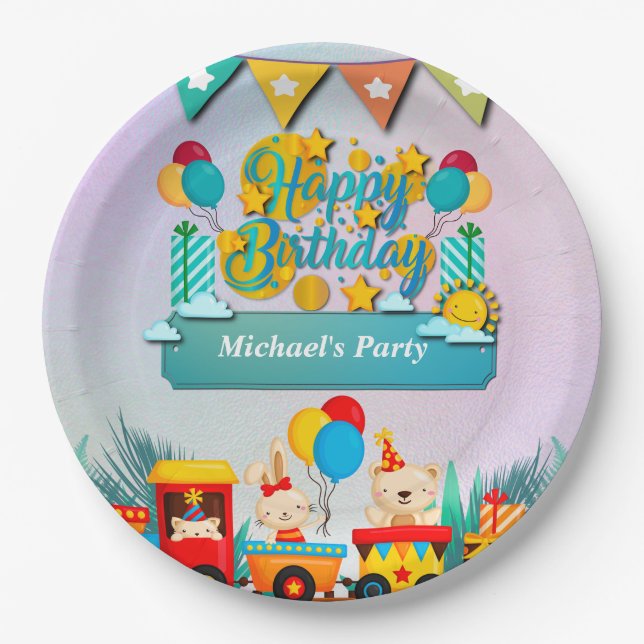 Happy Birthday Train With Cute Animals Wishes Paper Plate (Front)