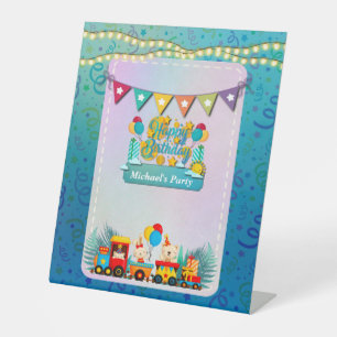Happy Birthday Train With Cute Animals Wishes Pedestal Sign