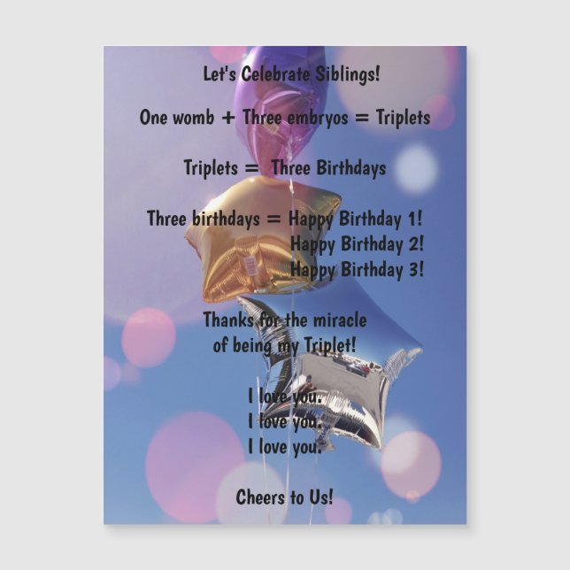Happy Birthday Triplets! Magnetic Greeting Card (Front)