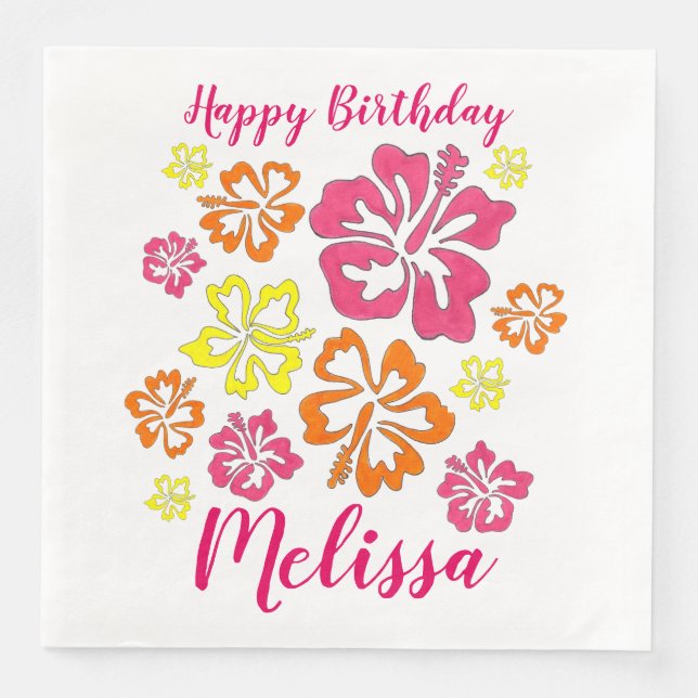 Happy Birthday Tropical Hawaiian Hibiscus Flowers Napkin (Front)