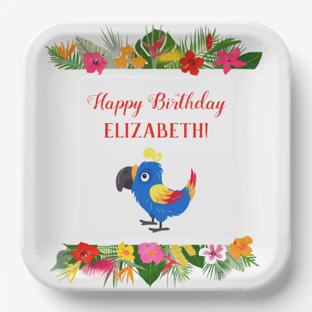 Happy Birthday Tropical Parrot Paper Plate (Front)