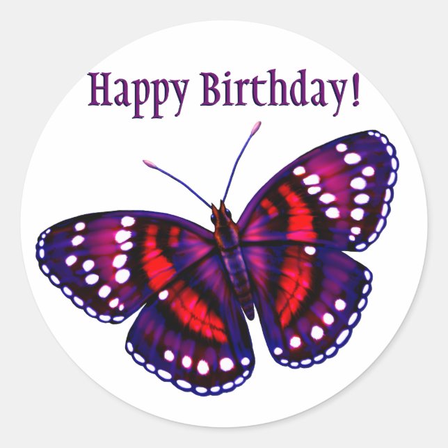 Happy Birthday Tropical Purple Butterfly Classic Round Sticker (Front)