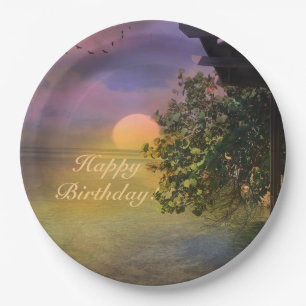 Happy Birthday Tropical Sunset Paper Plate