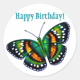 Happy Birthday Tropical Teal Green Butterfly Classic Round Sticker