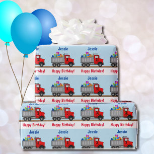 Happy Birthday Truck Load of Gifts Boys Name Age Wrapping Paper