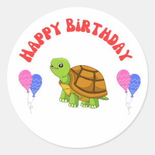 Happy Birthday Turtle Card with Balloons -  Classic Round Sticker