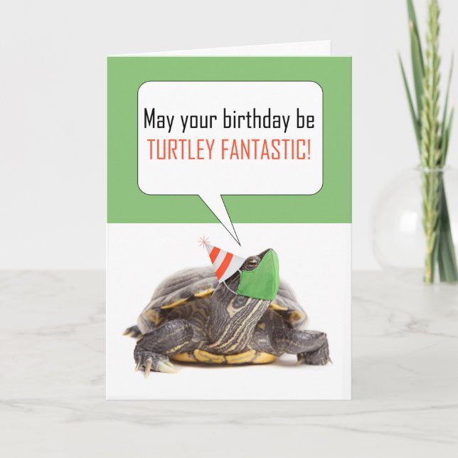 Happy Birthday Turtle in Face Mask Coronavirus Pan Holiday Card (Front)