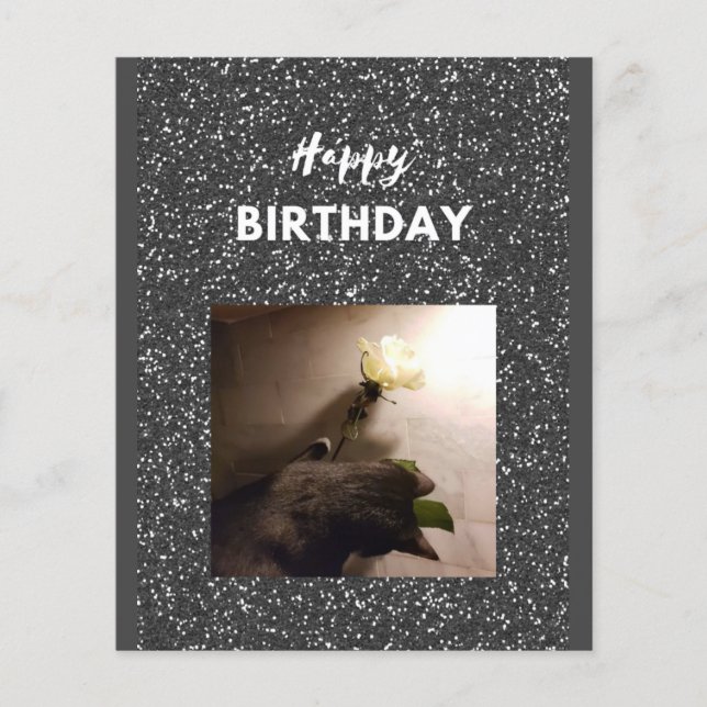 Happy Birthday. Tuxedo cat with a rose. (Front)