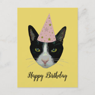 Happy Birthday - Tuxedo Cat with Party Hat Invitation Postcard