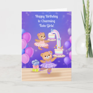 Happy Birthday Twin Girls Teddy Bear Ballerina Card