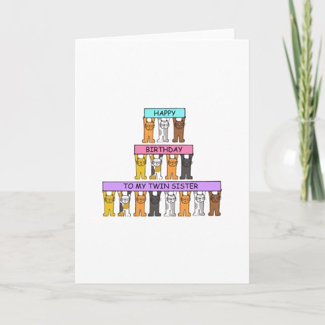 Happy Birthday Twin Sister Cartoon Cats Card (Front)