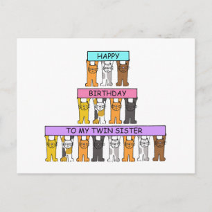 Happy Birthday Twin Sister, Cartoon Cats. Postcard