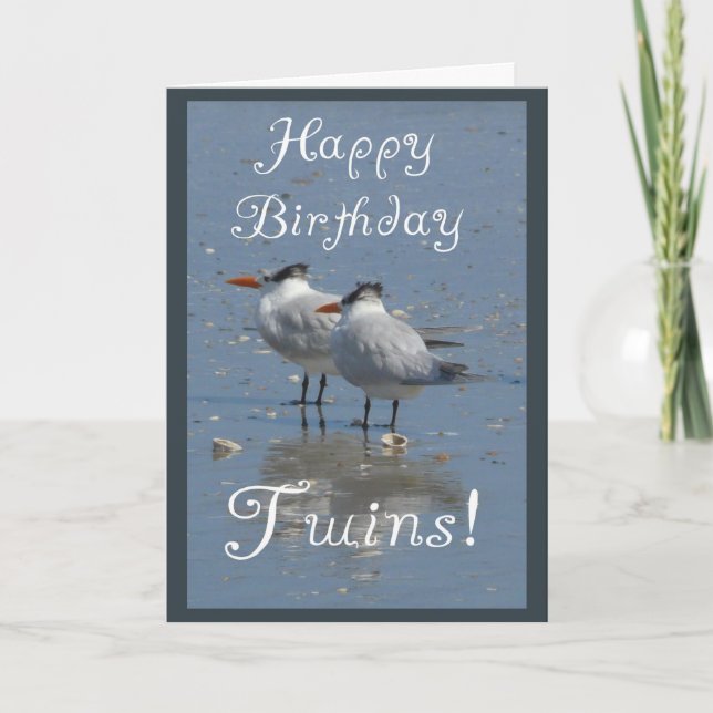 Happy Birthday Twins-Identical Seabirds on a Beach Card (Front)