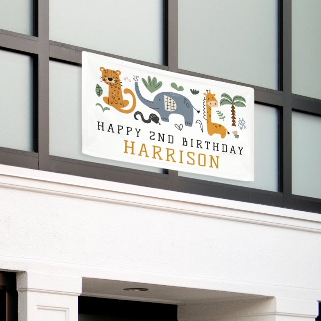 Happy Birthday Two Wild Safari Animals Kids Banner (Outside Building)