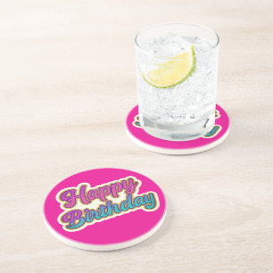 Happy Birthday Typography Design in Pink, Purple a Coaster