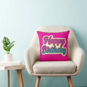 Happy Birthday Typography Design in Pink, Purple a Cushion
