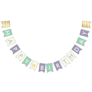 Happy Birthday Typography Faux Gold Stars & Stripe Bunting