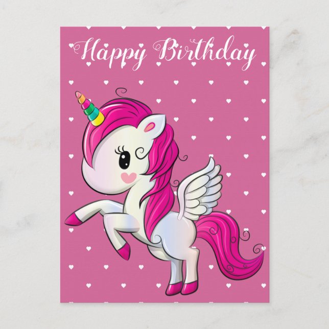 Happy birthday, unicorn and hearts, custom postcard (Front)