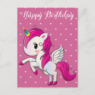 Happy birthday, unicorn and hearts, custom postcard