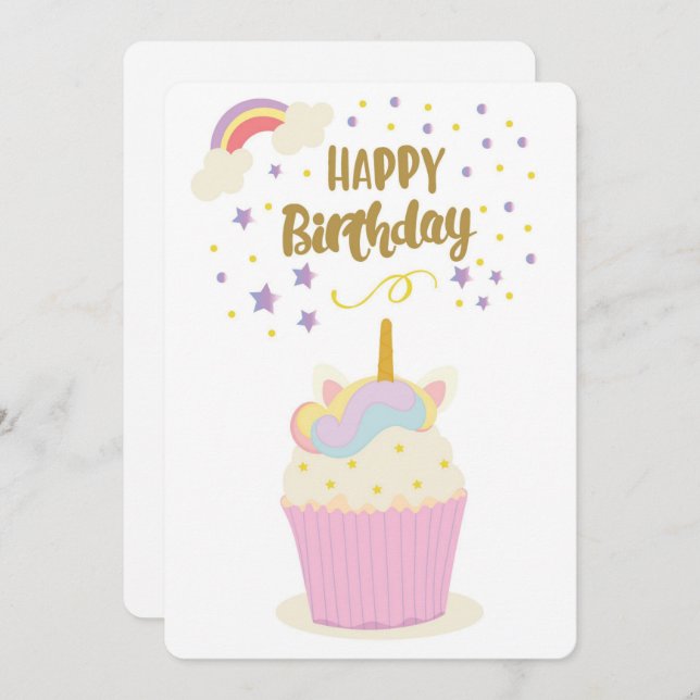 Happy Birthday Unicorn Cupcake Holiday Card (Front/Back)