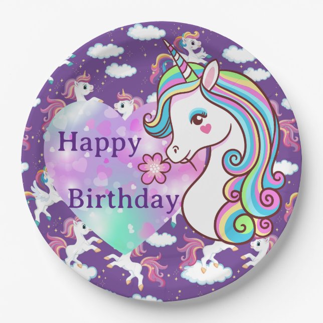 Happy Birthday Unicorn Paper Plate (Front)